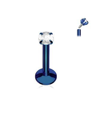 Piercing labret titane anodisé bleu gemme serti griffes