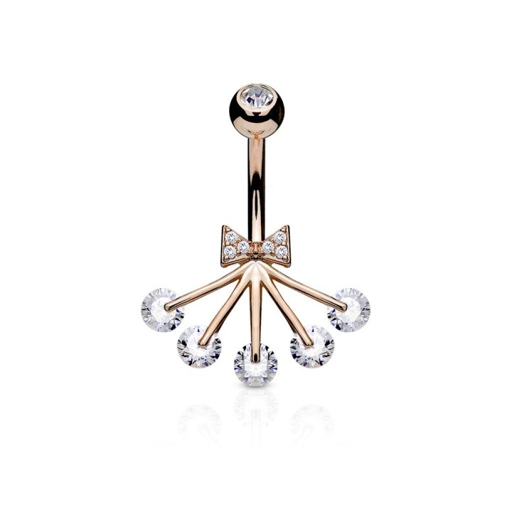 Piercing nombril ruban et éventail 5 strass plaqué or rose