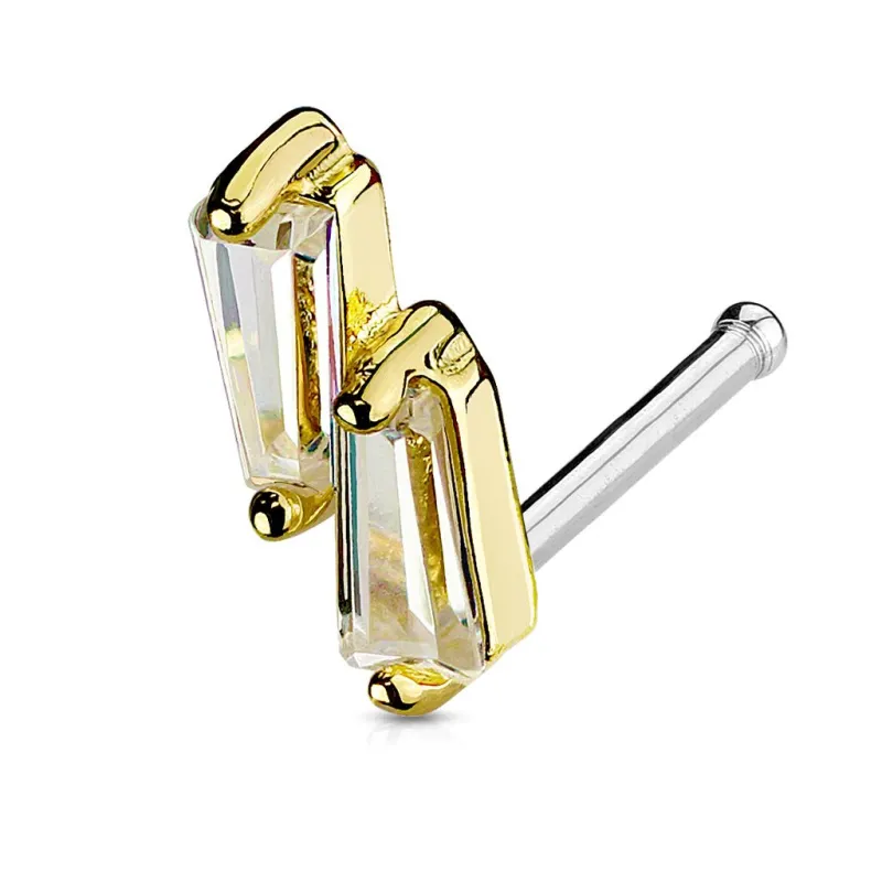 Piercing nez tige droite deux gemmes doré