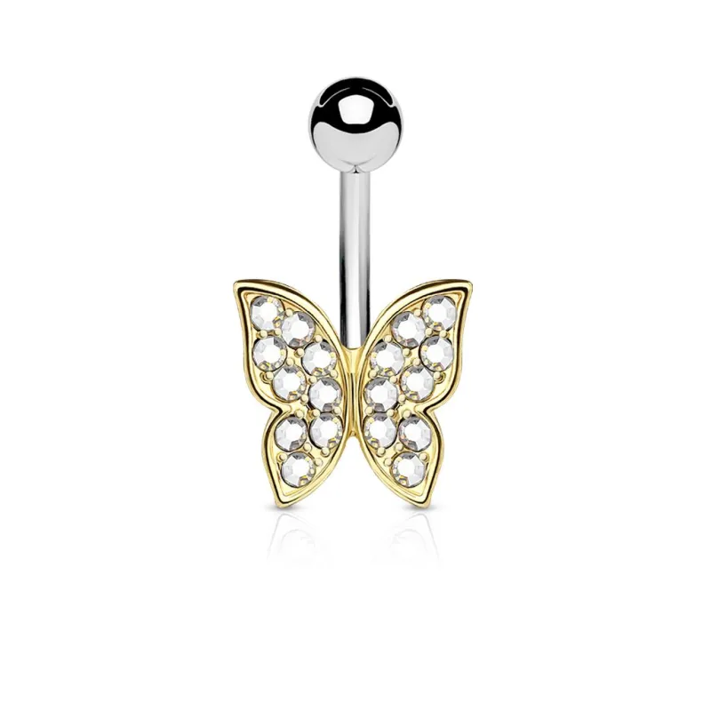 Piercing nombril papillon doré strass blanc