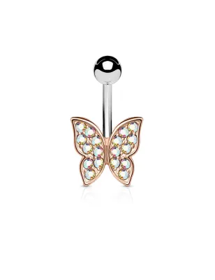 Piercing nombril papillon or rose strass aurore boréale