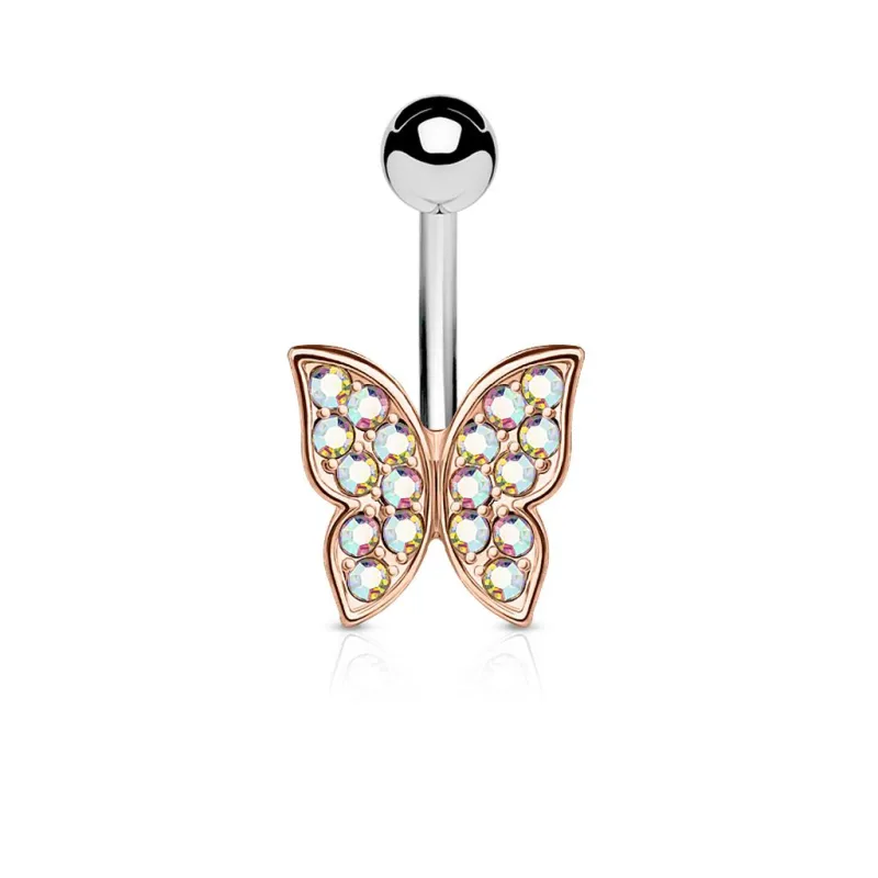 Piercing nombril papillon or rose strass aurore boréale