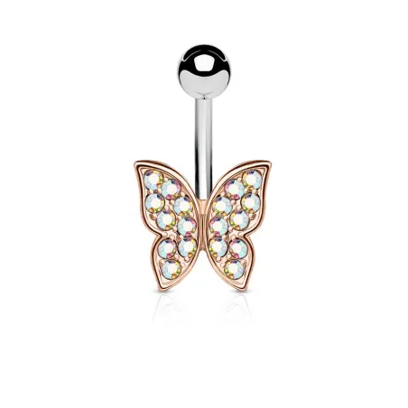 Piercing nombril papillon or rose strass aurore boréale