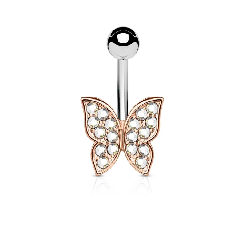 Piercing nombril papillon or rose strass blanc