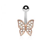 Piercing nombril papillon or rose strass blanc