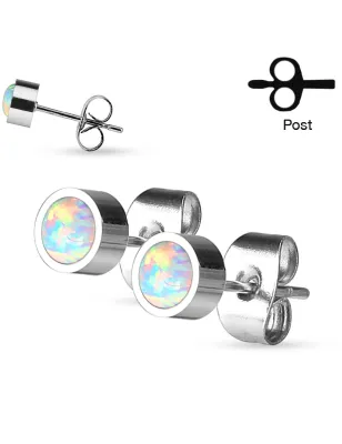 Paire boucles d'oreille clous opale blanche