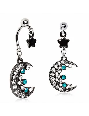 Piercing nombril double pendentif lune et étoile