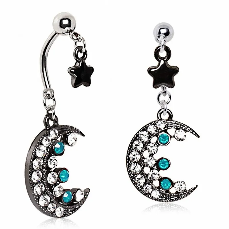 Piercing nombril double pendentif lune et étoile
