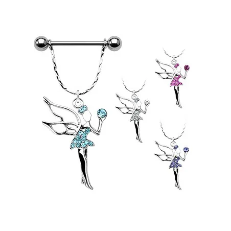 Piercing Téton Pendentif Fée Pavée de Gemmes - Bijou Piercing Téton
