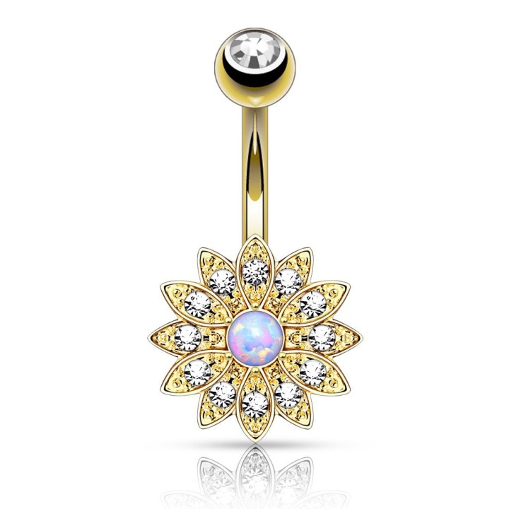 Piercing nombril petite fleur opale plaqué or