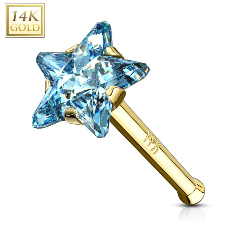 Piercing nez tige droite Or jaune 14K Etoile turquoise