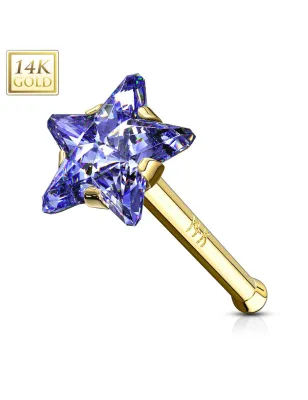 Piercing nez tige droite Or jaune 14K Etoile tanzanite