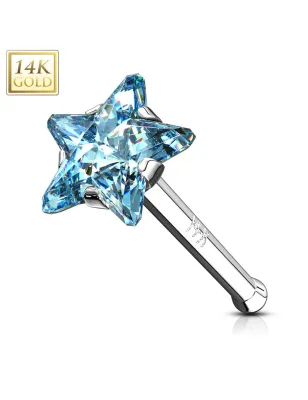 Piercing nez Or Blanc 14 Carats tige droite étoile turquoise