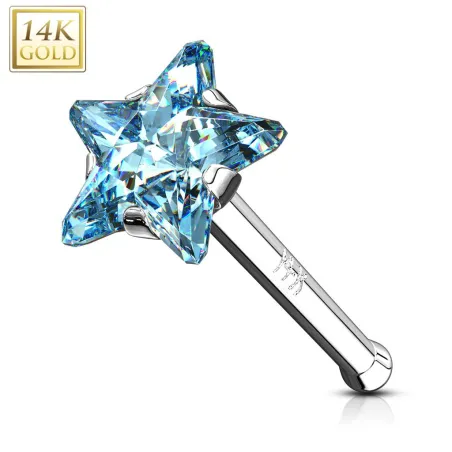 Piercing nez Or Blanc 14 Carats tige droite étoile turquoise