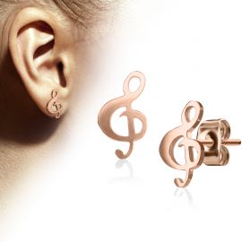 Paire boucles d'oreilles clous clef de sol or rose