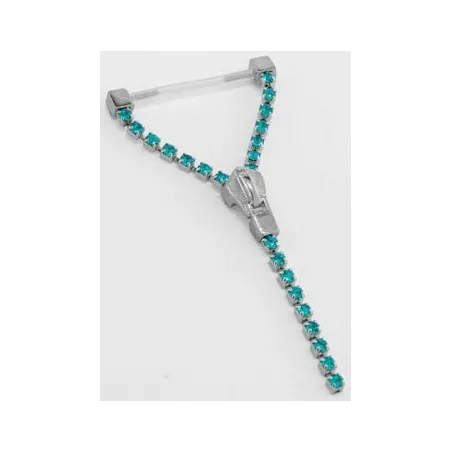 Piercing Téton Bioplast Fermeture Eclair Gemmes Turquoise - Bijou Piercing Téton