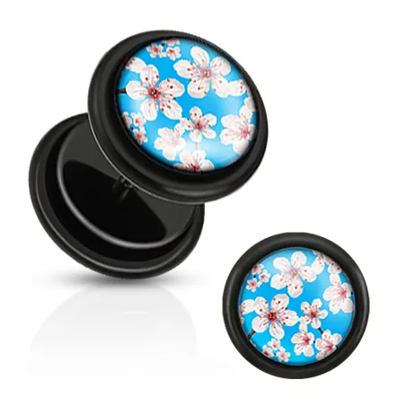 Piercing faux plug fleur de cerisier bleu