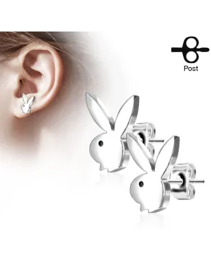 Paire boucles d'oreilles clous Playboy lapin argenté