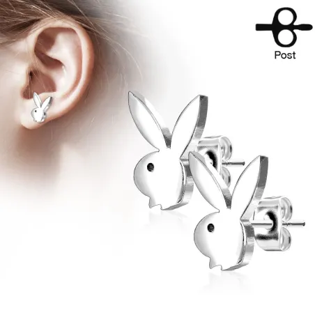 Paire boucles d'oreilles clous Playboy lapin argenté