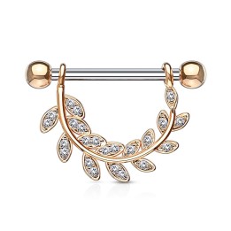 Piercing téton pendentif feuille pavée plaqué or rose