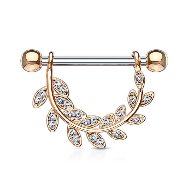 Piercing téton pendentif feuille pavée plaqué or rose
