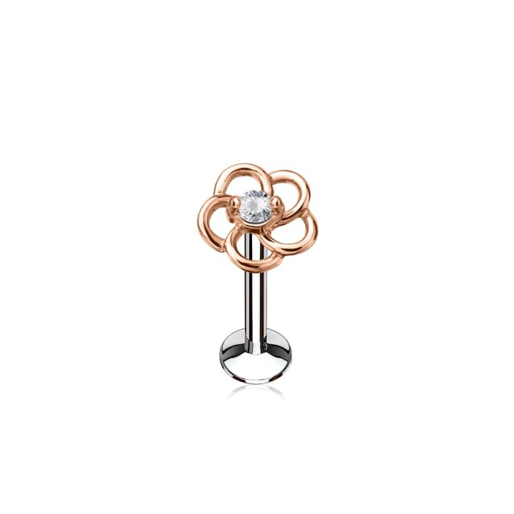 Piercing labret lèvre fleur or rose gemme blanc