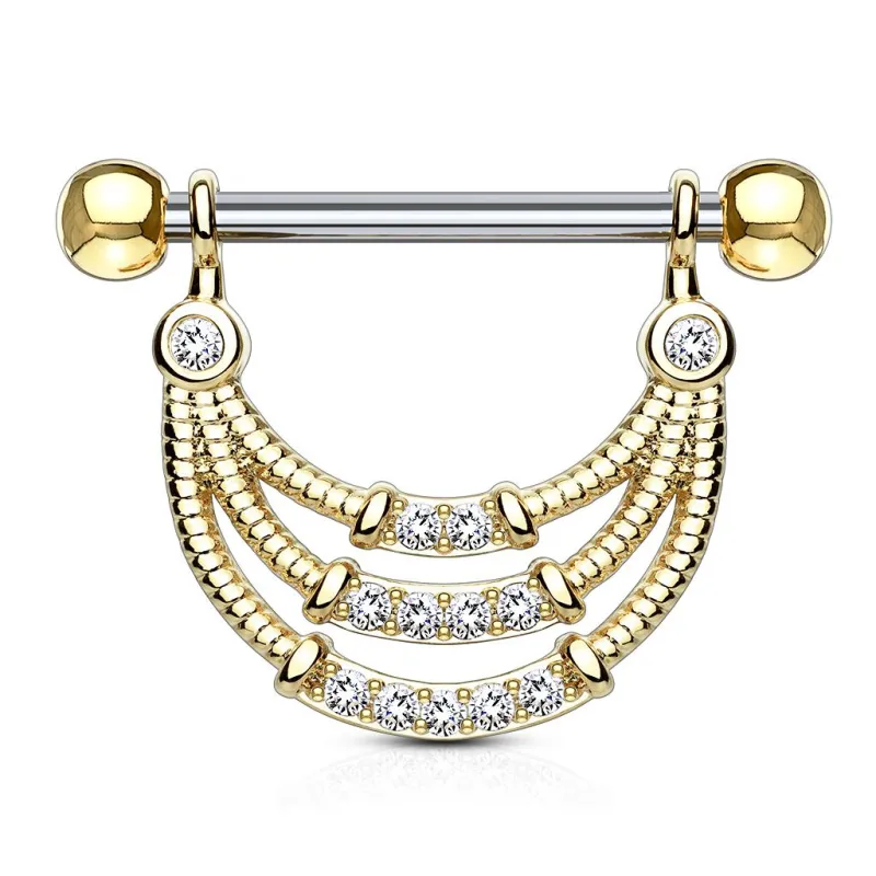 Piercing téton pendentif gemmes trois lignes plaqué or Piercing téton pendentif gemmes trois lignes plaqué or