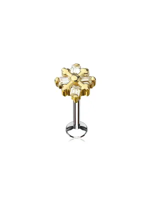 Piercing labret lèvre fleur gemmes rectangulaires doré