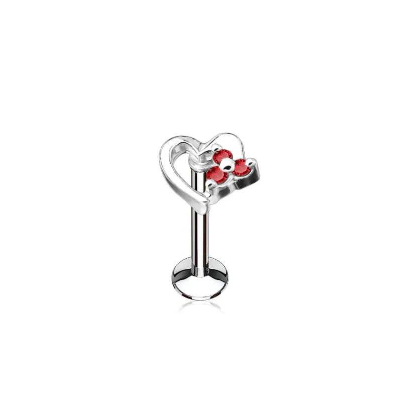 Piercing labret lèvre coeur strass rouges