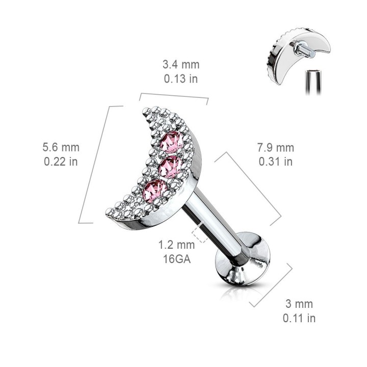Piercing labret lèvre croissant de lune rose