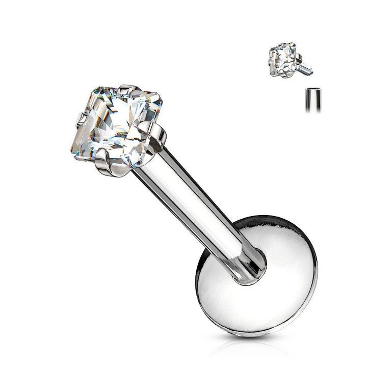 Piercing Labret acier avec Gemme de forme carrée serti par griffes