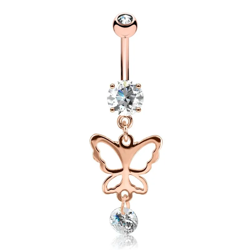 Piercing nombril plaqué or rose pendentif papillon silhouette