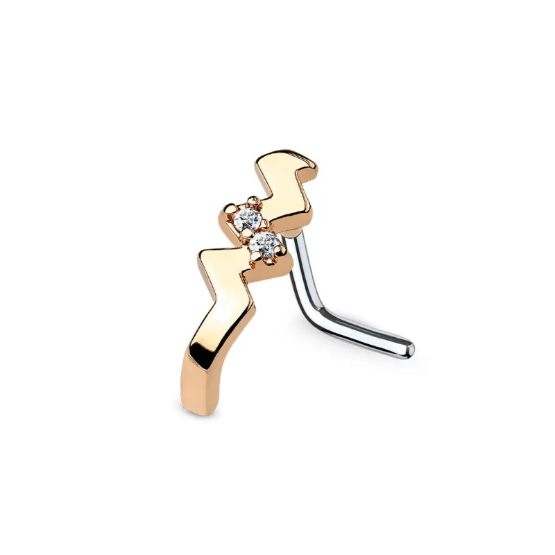 Piercing nez tige en L or rose courbé twist strass