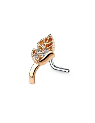 Piercing nez tige en L or rose courbé feuille strass