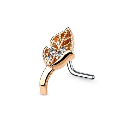 Piercing nez tige en L or rose courbé feuille strass
