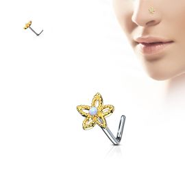 Piercing nez tige en L fleur dorée opale