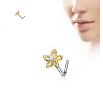 Piercing nez tige en L fleur dorée opale