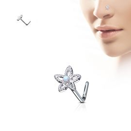 Piercing nez tige en L fleur argentée opale