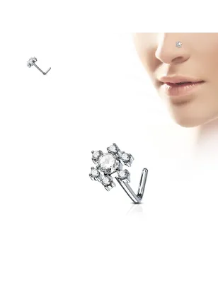 Piercing nez tige en L fleur pierre blanche