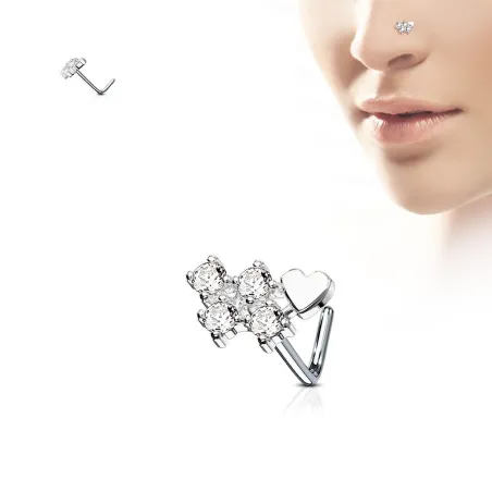 Piercing nez tige en L coeur et quatre strass