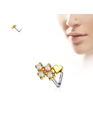 Piercing nez tige en L coeur doré et quatre strass