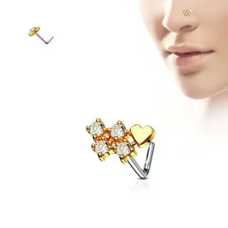 Piercing nez tige en L coeur doré et quatre strass