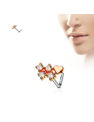 Piercing nez tige en L coeur rosé et quatre strass