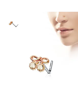 Piercing nez tige en L noeud or rose et gemmes