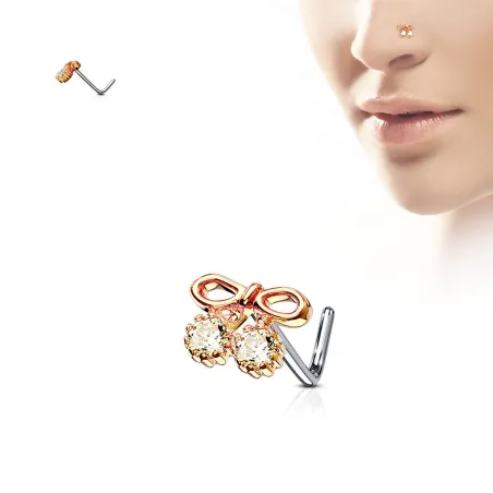 Piercing nez tige en L noeud or rose et gemmes
