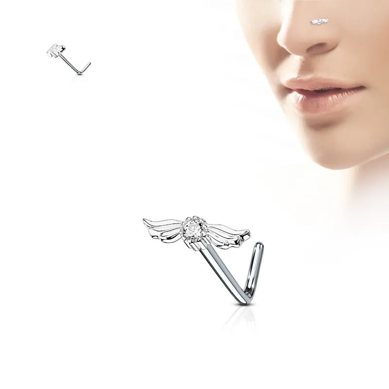 Piercing nez tige en L strass avec ailes d'ange