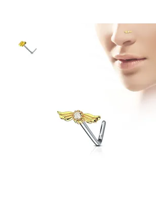 Piercing nez tige en L strass avec ailes d'ange doré