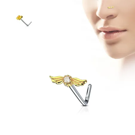 Piercing nez tige en L strass avec ailes d'ange doré