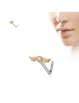 Piercing nez tige en L strass avec ailes d'ange rosé