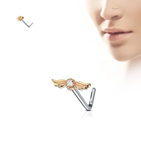 Piercing nez tige en L strass avec ailes d'ange rosé